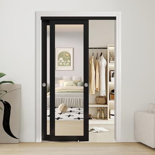JUBEST 48" x 80" Mirror Closet Door, Preassembled One Side Mirror Door with Hardware Kit & Matching Fascia, Solid Wood Frame with Water-Proof PVC Surface, Easy to Install, Black by JUBEST