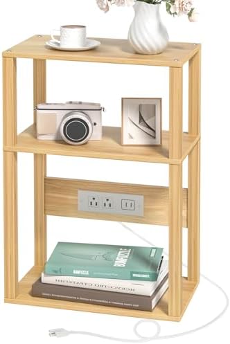 YUFAM 3-Tier Narrow Bedside Table with Charging Station, Skinny Nightstand by YUFAM