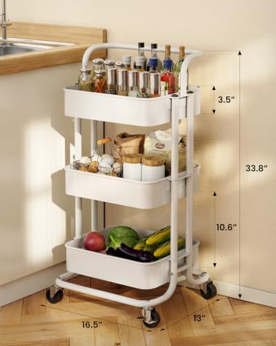 Pipishell 3 Tier Rolling Cart, Utility Cart with Wheels & Handle, White - Image 2