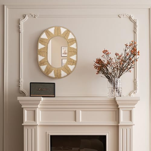 Briful Bohomain Wall Mirror Oval Decorative Mirror Seagrass Wall-Mounted Mirror Farmhouse Home Décor, Hanging Wall Art for Living Room Bedroom Dining Room, Size-16.54''x12.6'' - Image 5