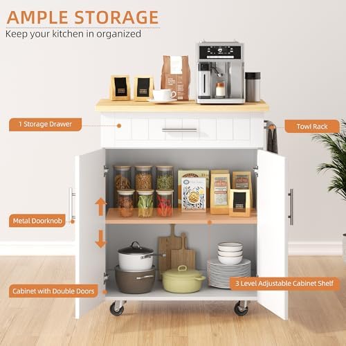 Shintenchi Kitchen Island cart with Storage, Portable Bar Cabinet on Wheels, Rolling Microwave Cart Side Table with Workstation for Kitchen, Dinning Room, White - Image 6