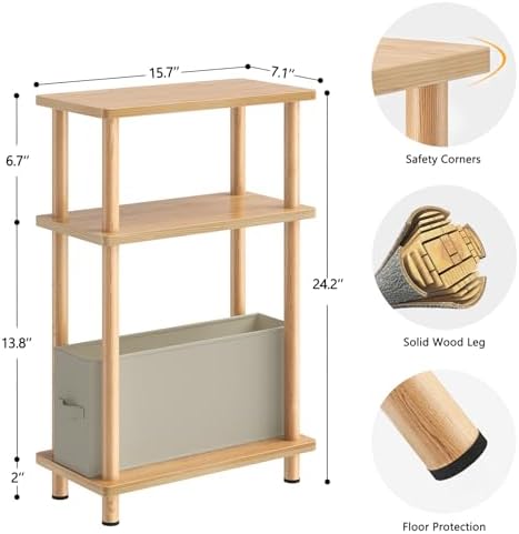 Apicizon Narrow Side Table with Fabric Basket, 3-Tier End Table, Natural - Image 2