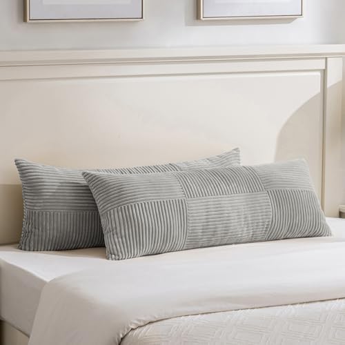 Fancy Homi Set of 2 Grey Boho Long Lumbar Body Decorative Throw Pillow Cover 14x36 Inch for Bed Couch Bedroom Bench, Soft Patchwork Corduroy Textured Pillow Case, Rustic Farmhouse Room Décor by Fancy+Homi