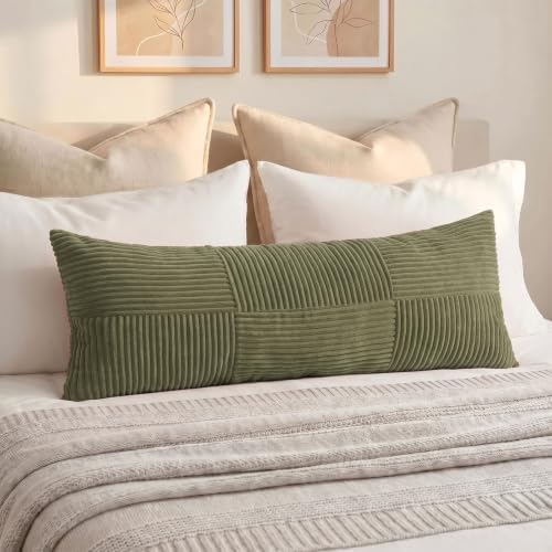 Fancy Homi Set of 2 Olive Green Boho Long Lumbar Body Decorative Throw Pillow Cover 14x36 Inch for Bed Couch Bedroom Bench, Soft Patchwork Corduroy Textured Pillow Case, Rustic Farmhouse Room Décor - Image 7