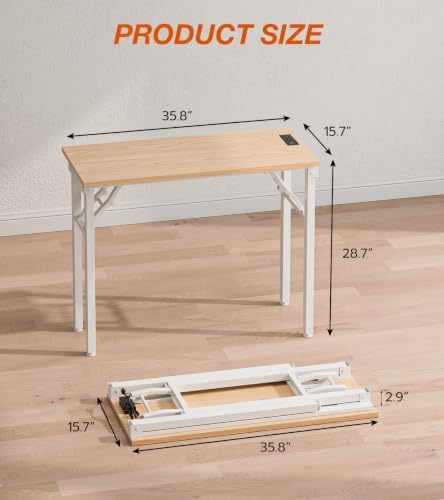 XBurmo Small Folding Desk Folding Table, No Assembly Foldable Desk Gaming Desk, 35.8-Inch Computer Table Workstation with 2 AC Outlets and 2 USB Ports for Bedroom and Home Office, Light Maple - Image 2