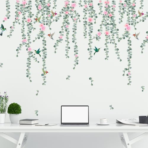 Hanging Green Vine Wall Decals,Succulent Plants Wisteria Floral Flowers Butterflies Birds Wall Stickers, Self-Adhesive Vinyl Removable Living Room Sofa TV Wall Decor - Image 5