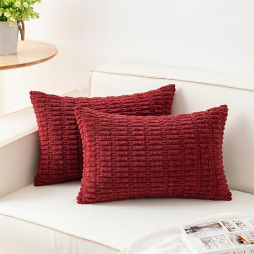 Pack of 2 Corduroy Decorative Throw Pillow Covers 12x20 Inch, Wine Red by Unknown