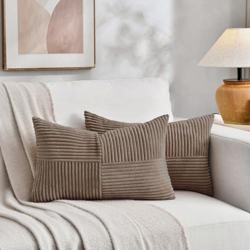 Fancy Homi Set of 2, Light Brown Patchwork Corduroy Decorative Soft Striped Modern Accent Cushion Case Farmhouse Boho Neutral Throw Pillow Covers for Chair Couch Bed Sofa Living Room 32x16 Inch - Image 5