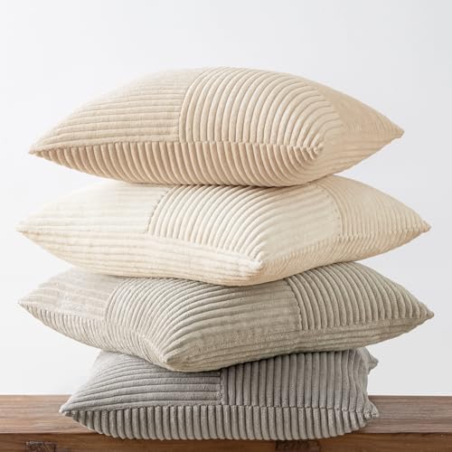 MIULEE Neutral Decorative Throw Pillow Covers 16x16 Inch Set of 4 for Livingroom Couch Sofa Modern Farmhouse Soft Corduroy Cushion Cases Striped Patchwork Home Decor (Cream,Grey) - Image 7