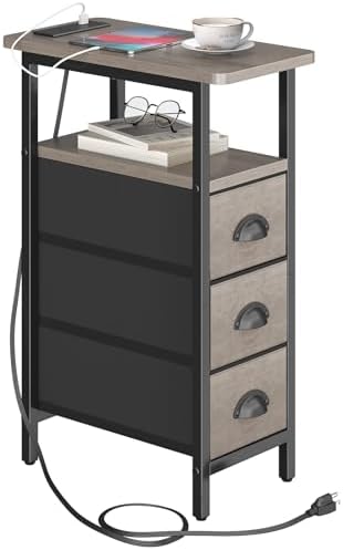 sthmec End Table with Charging Station,Narrow Side Tables with USB Ports and Outlets,Skinny Bedside Tables with 3 Drawers,Small Tables Nightstands for Small Space,Slim Sofa Table for Livingroom,Grey by Unknown