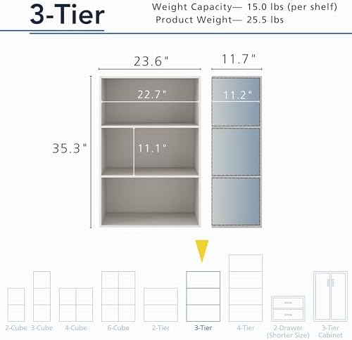 Homes: Inside + Out Apexa 3-Tier Cube Storage Organizer Shelves, Stackable Wood Bookcase Fits Cubby Bins for Organization, Dorm Teen Room Decor & Home Office, Taupe Grey - Image 3