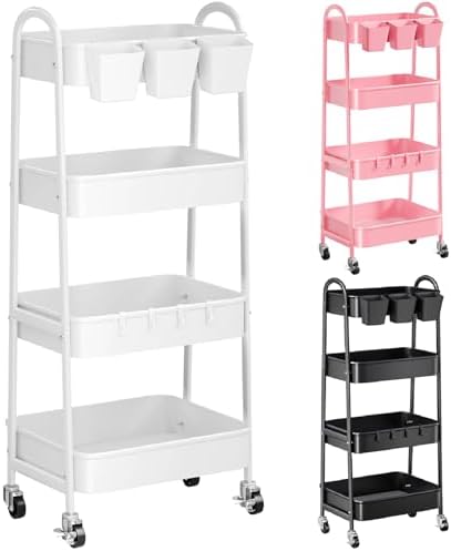 White 4 Tier Rolling Cart Metal with Wheels,Heavy Duty Utility Storage Cart by Recximi