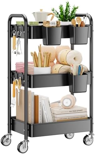 YASONIC 3 Tier Rolling Cart, Heavy Duty Metal Utility Cart with Wheel Black by YASONIC