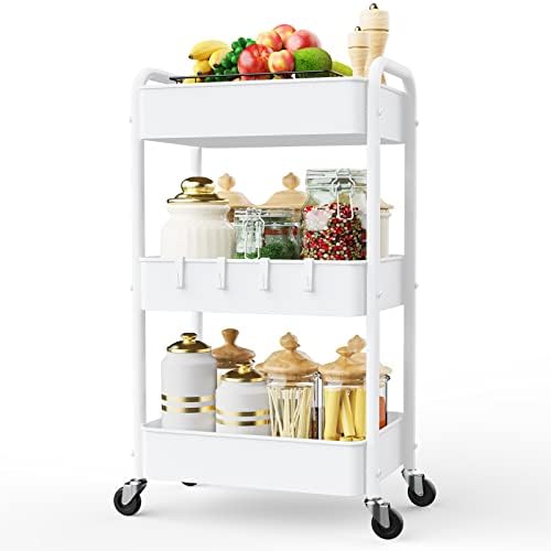 LEHOM 3 Tier Rolling Cart, Metal Rolling Utility Cart with Lockable Wheels by LEHOM