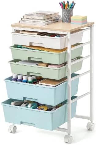 VASAGLE Rolling Cart with Drawers,5 Drawers Storage Cart, Green and White by VASAGLEbySONGMICSHOME