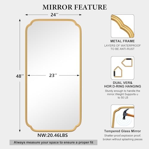 Ferytange Gold Wall Mirror 48 x 24 Inch Bathroom Vanity Mirror for Over Sink Modern Rounded Corner Rectangle Wall Mirror Decorative with Non-Rusting Iron Metal Framed (Horizontal/Vertical) - Image 4