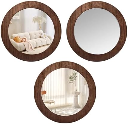 3 PCS Wood Wall Acrylic Mirrors Decor, 8'' Round Rustic Farmhouse Mirror by Unknown