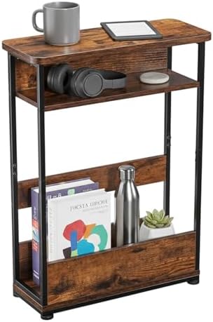 YEAKOO Narrow Side Table,3-Tier End Table with Storage Shelf,Modern Sofa Table Thin Side Table for Narrow and Small Spaces, Skinny Bedside Table Small Nightstand with Magazine Rack Space Saving/Brown by YEAKOO