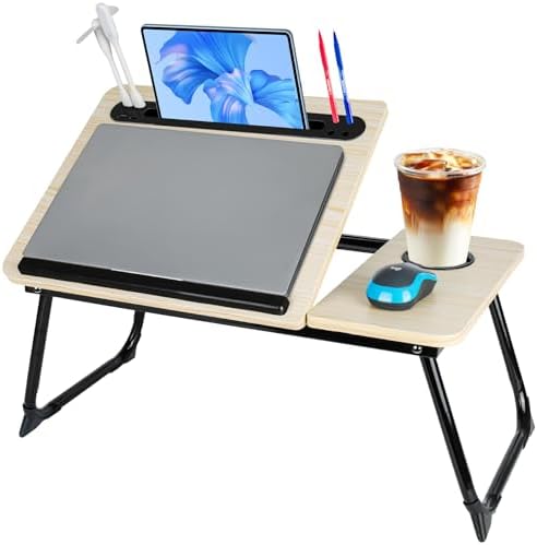Laptop Bed Desk, Adjustable Lap Desk, Small Laptop Table with USB Charge Port, Desktop Card &Pen Slot, Cup Holder, Foldable Bed Tray Table for Couch Sofa Chair Floor Eating Working by CSYY