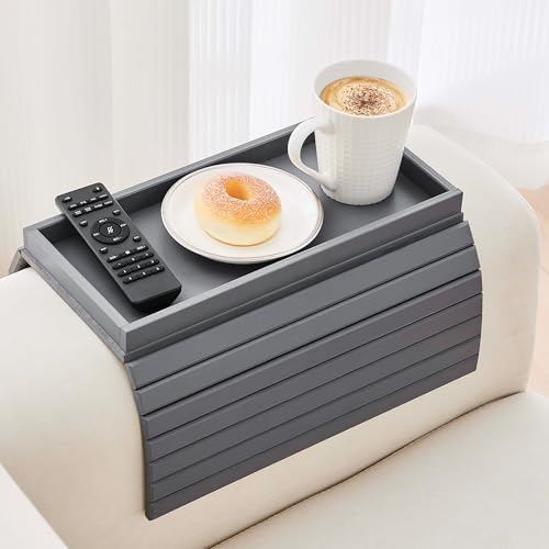 GEHE Bamboo Sofa Arm Tray, Foldable Couch Arm Tray Side Table, Anti-Falling Armrest Tables Cup Holder for Snacks, Drinks, Beers, Phone, Control, Flexible and Portable, Anti-Slip by GEHE