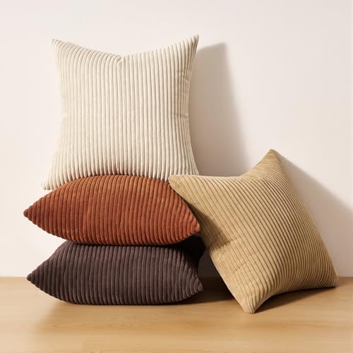 Topfinel 20x20 Decorative Pillow Covers Set of 4 Rustic Modern Soft Corduroy Striped Cushion Covers Beige Brown Gradient Farmhouse Pillow Case for Sofa Couch Living Room Bedroom - Image 7
