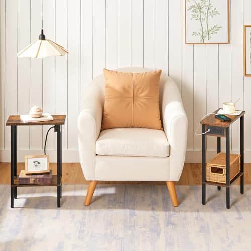 HOOBRO Narrow Side Table, 2-Tier Slim End Table with Charging Station, Skinny Nightstand with Open Storage, for Small Spaces, Living Room, Bedroom, Study, Rustic Brown and Black BF240UBZ01 - Image 2