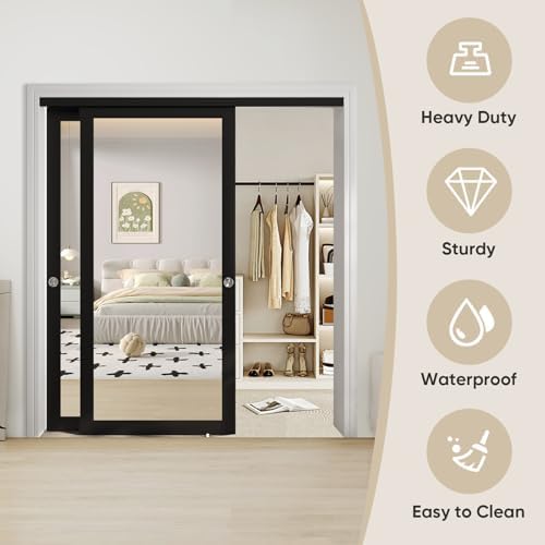 JUBEST 72" x 80" Mirror Closet Door, Preassembled One Side Mirror Door with Hardware Kit & Matching Fascia, Solid Wood Frame with Water-Proof PVC Surface, Easy to Install, Black - Image 3
