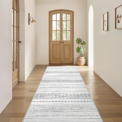 Nakagishi Runner Rug Kitchen Washable Rugs: 3x8 Non-Slip Boho Soft Modern Stain Resistant Indoor Floor Neutral Farmhouse Throw Carpet for Hallway Bathroom Laundry Room Entryway Bedroom- Grey - Image 4