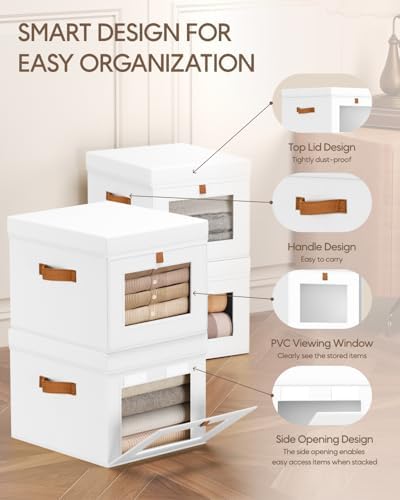 Homsorout Storage Bins with Lid – Closet Organizer with Side Opening and Clear Window, Foldable Stackable Fabric Basket for Clothes, Home, Office - 13.77" x 11.8" x 9.8", 3 Pack, White - Image 2