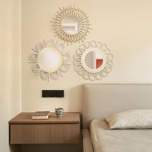 Briful Beige Wall Mirrors Decor Set of 3 Wooden Round Wall Mirrors Wall-Mounted Sunburst Mirrors Hanging Wall Art for Living Room Home Indoor Bedroom Decor - Image 5