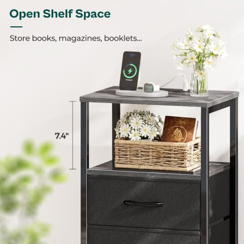 Huuger Nightstand with Charging Station, Side Table with Fabric Drawers, End Table with Open Shelf, Bedside Table with USB Ports and Outlets, Night Stand for Bedroom, Charcoal Gray - Image 6