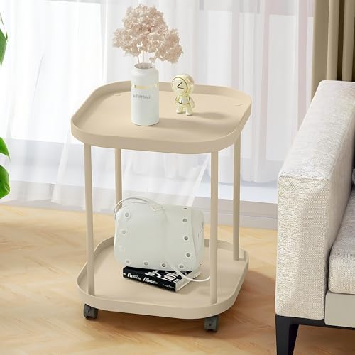 Side Table with Wheels, 2-Tier End Table Small Night Stand - Image 2