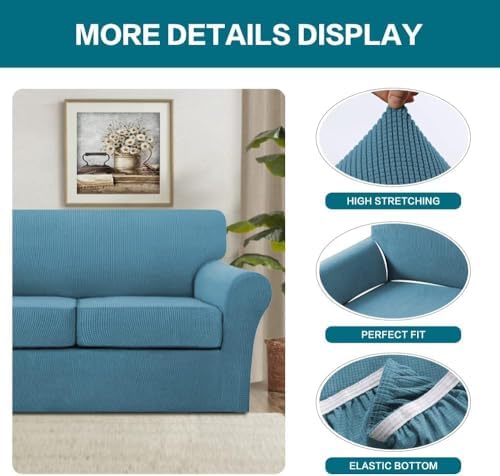 Turquoize 4 Piece Sofa Covers for 3 Cushion Couch Sofa Slipcover Soft Couch Cover for Dogs Washable Furniture Cover with 3 Individual Large Cushion Covers Feature Fabric (Large Sofa, Storm Blue) - Image 4
