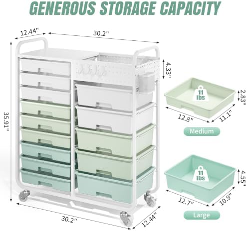 14 Drawer Rolling Storage Cart with Tabletop and Pegboard for Crafts Green - Image 3