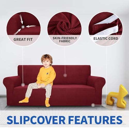 MAXIJIN Super Stretch Couch Cover for 3 Cushion Couch, 1-Piece Universal Sofa Covers Living Room Jacquard Spandex Furniture Protector Dogs Pet Friendly Fitted (Large, Wine Red) - Image 4