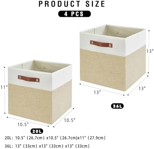 Bagnizer Collapsible Fabric Storage Cube Bins with 2 Reinforced PU Handles, Foldable Storage Organizer Baskets for Closet, Shelves, Living Room | 13"x13"x13", 4 Pack, Beige & White - Image 2