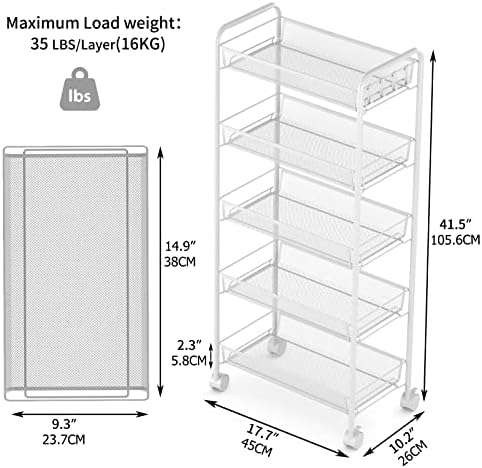 JANE EYRE 5-Tier Rolling Utility Storage Rack Cart on Wheels, Trolley Craft cart, Multi-Purpose Organizer Shelf, White - Image 5