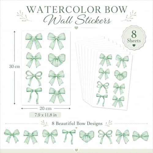 60Pcs Watercolor Bowtie Wall Stickers - Coquette Aesthetic Vinyl Decals for Room Decor in Light Pink, Sky Blue, Mint Green, Lavender Peel and Stick Nursery, Bedroom, Kindergarten Wall Art (Green) - Image 2
