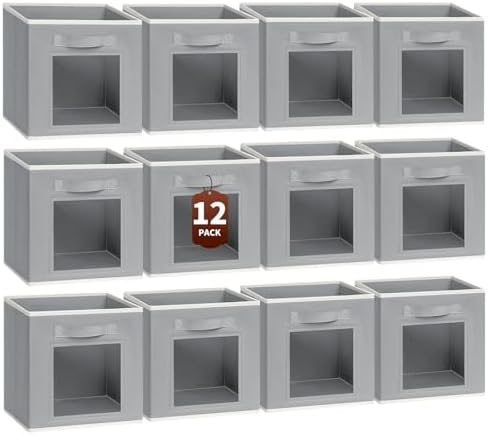 Homsorout Foldable Storage Cubes - Cubby Storage Organizer with Window, Decorative Baskets for Organizing, Fabric Bins for Clothes Storage, Closet Storage Cubes 11inch, Set of 12, Grey by Homsorout
