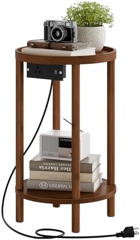 HOOBRO Small Round Side Table with Charging Station, 2-Tier Round Bamboo End Table, Compact Sofa Bedside Table for Small Space, Easy Assembly, for Living Room, Bedroom, Apartment, Mocha MA156UBZ01 by HOOBRO