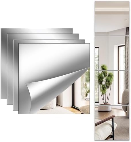 Full Length Wall Mirror Tiles, 12'' x 12'' x 4PCS, Acrylic Unbreakable Full Body Mirror for Bedroom Squares Shatterproof Mirror Sheets Wall Mounted for Home Gym Door Plexiglass Mirrors Safe for Kids by Unknown