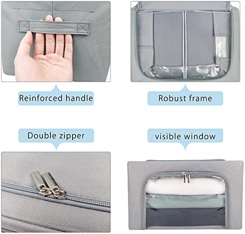 Clothes Storage Box Bins Stackable Foldable Organizer,Sturdy Handles with Metal Frame for Clothing Bedding Shelves,Closet Container with Clear Window Zipper and Label Holder (Gray, 22L x3 Pack) - Image 4