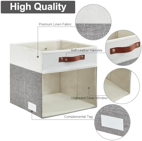 Bagnizer Storage Cubes, 4 Pack Linen Foldable Storage Bins (13 x 13 inch) with Clear Window and 2 Handles, Closet Organizers and Storage for Shelf Closet, Clothes, Books - (Gray and White) - Image 5