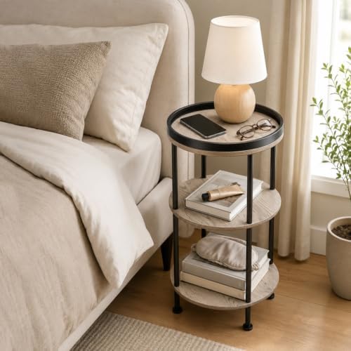 Small Round Side Table, Oak Round End Table for Living Room & Bedroom, Modern 3-Tier Nightstand with Storage Shelf, 11.8" Narrow Accent Table for Small Spaces, Nursery, Plant Stand,Natural Wood Finish - Image 4