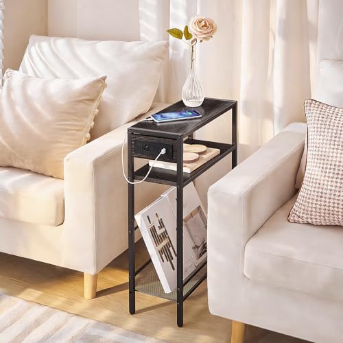 HOOBRO Small Narrow Side Table with Charging Station, Skinny End Table for Small Spaces, Slim Nightstand with USB Ports Outlet, Sofa Beside Table with Storage Shelf, Charcoal Black BC102UBZ01 - Image 2