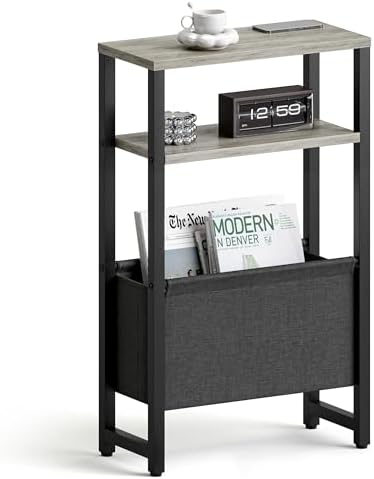 Narrow Side Table, Slim End Table with Magazine Rack, Skinny Bedside Table for Small Spaces, 3 Tier Sofa Couch Table Nightstand for Living Room, Bedroom,Oak Grey LET503Q by IRCPEN
