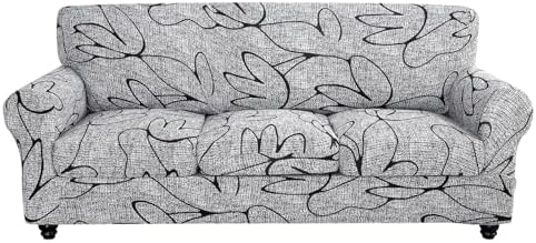 SearchI Stretch Sofa Cover Printed Couch Cover, Floral Pattern 4 Pieces Sofa Slipcover with 3 Separate Cushion Cover, Washable Furniture Protector for Living Room(Sofa, Grey Lotus+White) by SearchI
