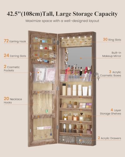 LVSOMT 42.5" Wall Mounted Jewelry Organzier with LED Mirror, Wood - Image 3