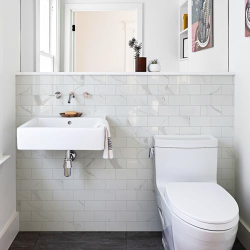 Vamos Tile 100-Piece Peel and Stick Backsplash Seamless Tile,3''x6'' Glossy Statury White Marble with White Grout PVC Subway Tile,Stick on Backsplash for Kitchen/Bathroom/Laundry Room - Image 4