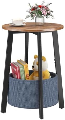 sthmec Small Round Side End Table with Storage Basket, Round Bedside Sofa Couch Coffee Tables for Small Places with Metal Frame, Modern Nighstands for Living Room Bedroom, Rustic Brown by Unknown